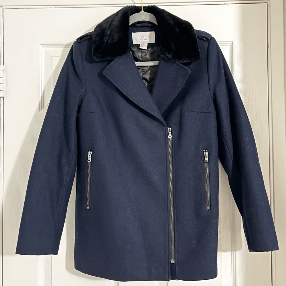 H&M wool blend riders jacket with faux fur